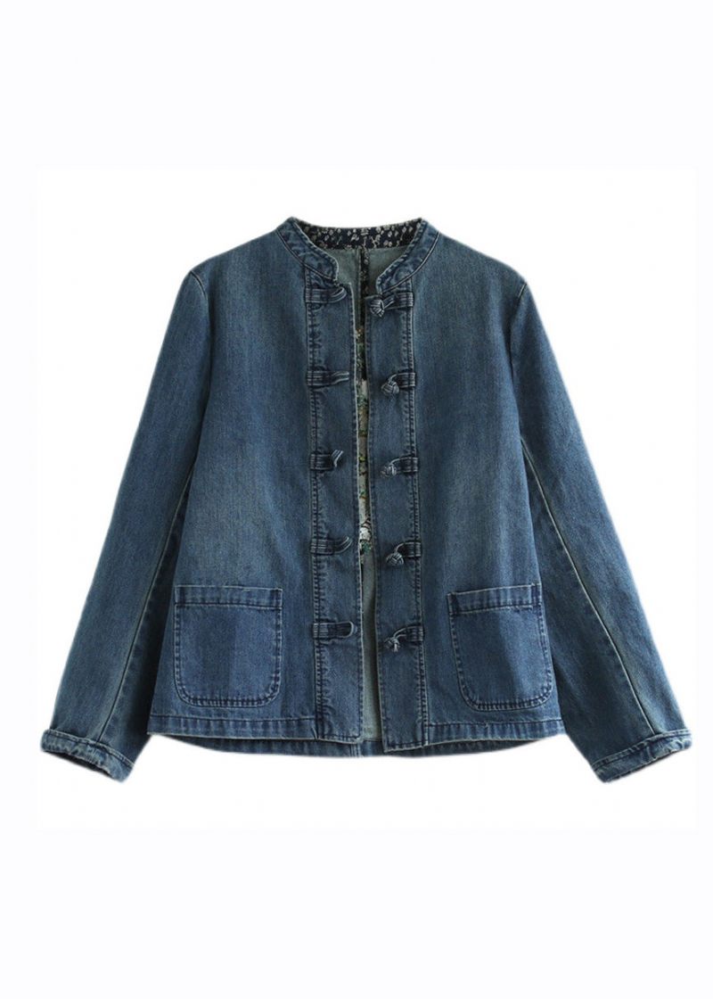 Bohemian Blue Stand Krave Lommer Patchwork Button Denim Frakker Efterår - Dame vinterfrakker