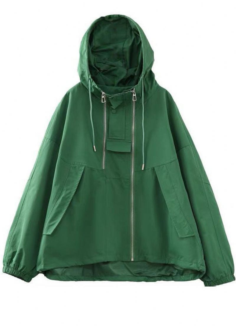Bohemian Green Oversized Lynlås Snøre Bomuld Hættejakke Langærmet - Dame vinterfrakker