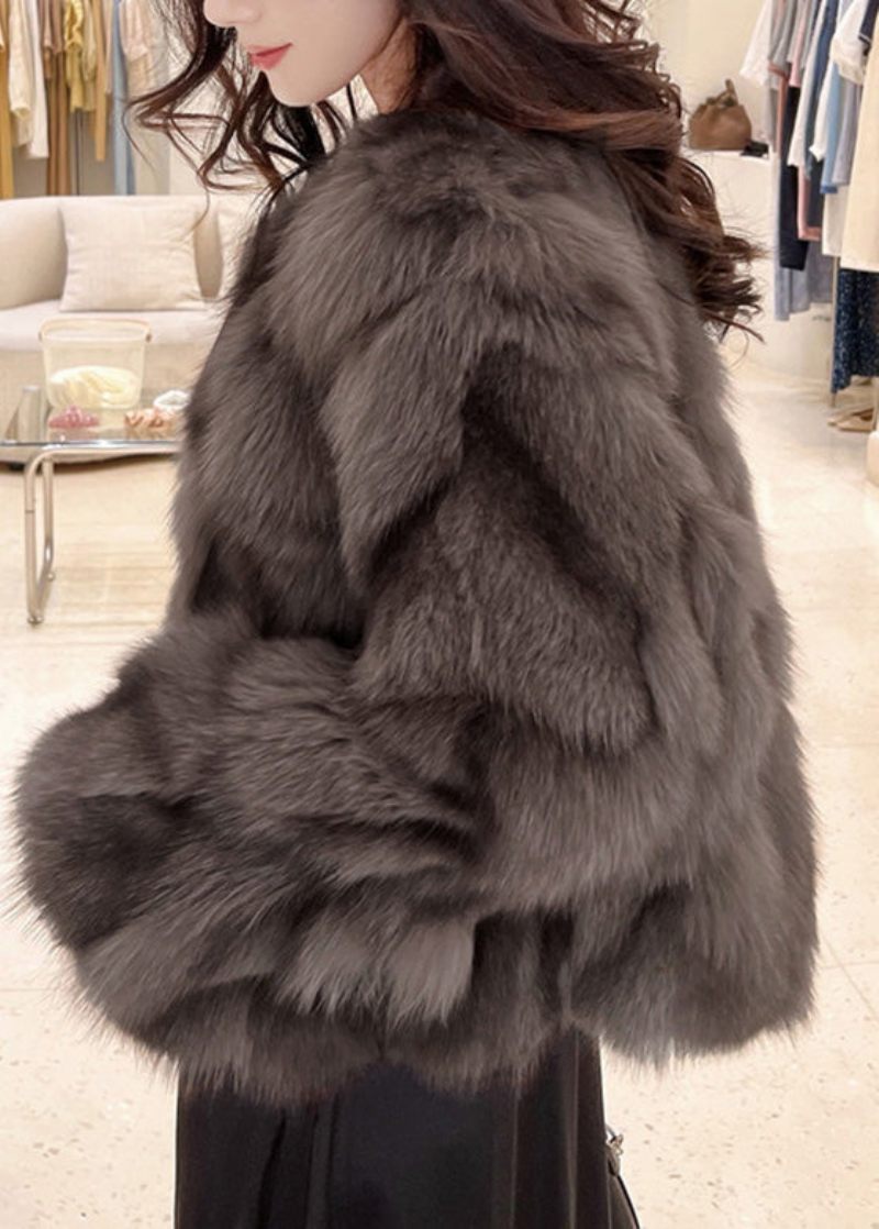 Bohemian Kakaofarve O-hals Fuzzy Fur Fluffy Læder Og Pelsfrakker Vinter - Dame vinterfrakker