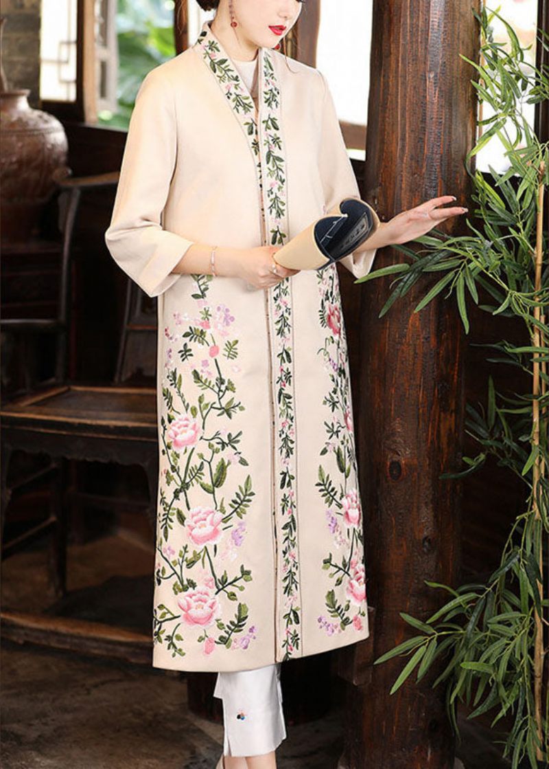 Boho Abrikos V-hals Print Orientalsk Efterår Og Vinter Trekvart Ærme Frakke - Dame vinterfrakker
