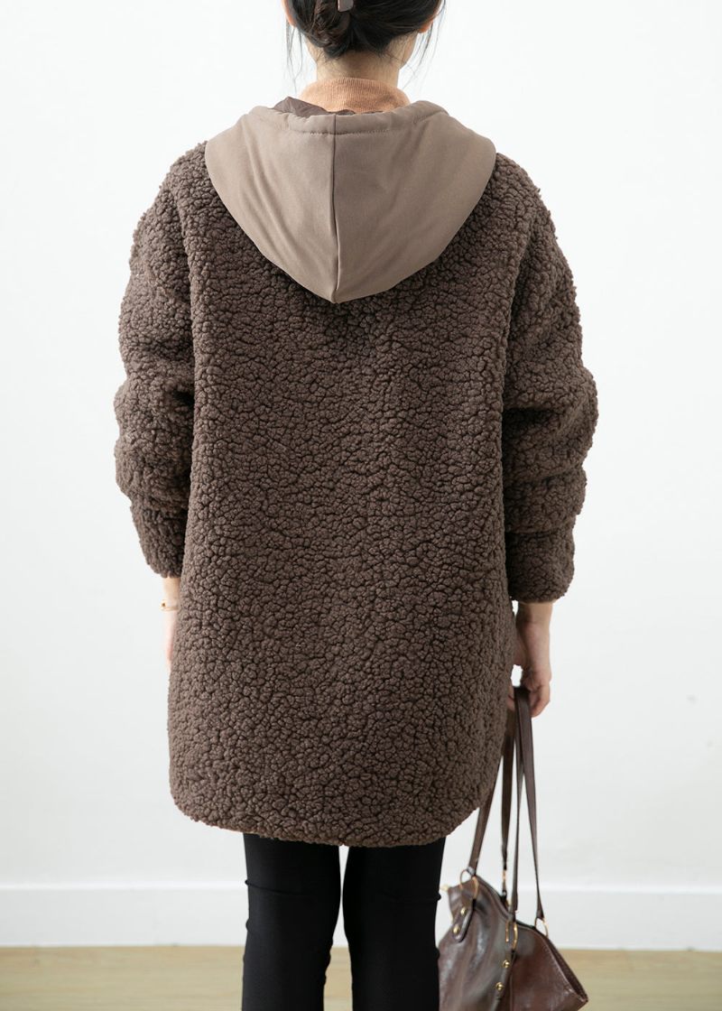 Boho Chokolade Hætte Patchwork Lommer Teddy Imiteret Pelsfrakker Vinter - Dame vinterfrakker