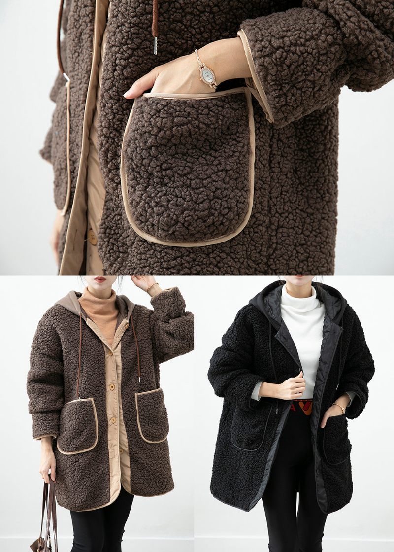 Boho Chokolade Hætte Patchwork Lommer Teddy Imiteret Pelsfrakker Vinter - Dame vinterfrakker