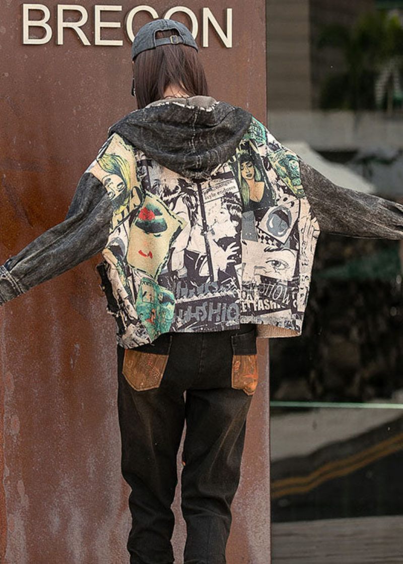 Boho Denim Patchwork Strik Lommer Efterårsjakke Langærmet - Dame vinterfrakker