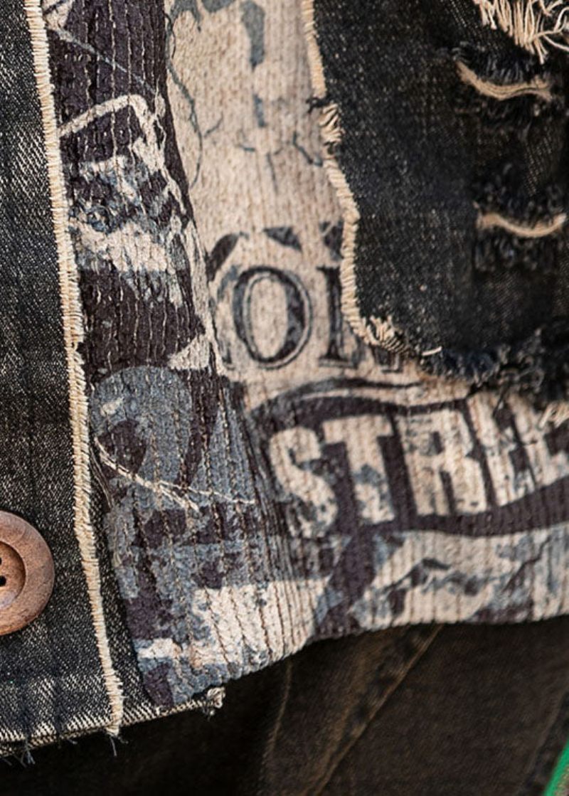 Boho Denim Patchwork Strik Lommer Efterårsjakke Langærmet - Dame vinterfrakker