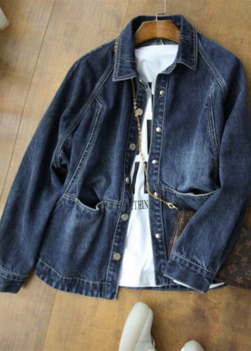 Casual Navy Peter Pan Kravelommer Patchwork Denimjakker Efterår - Dame vinterfrakker