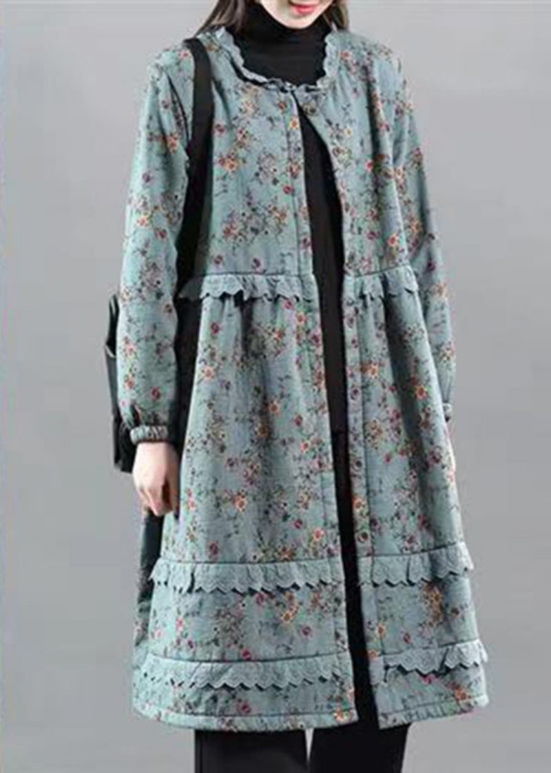Chic Blå Flæsede Blonder Patchwork Varm Fleece Frakke Efterår - Dame vinterfrakker