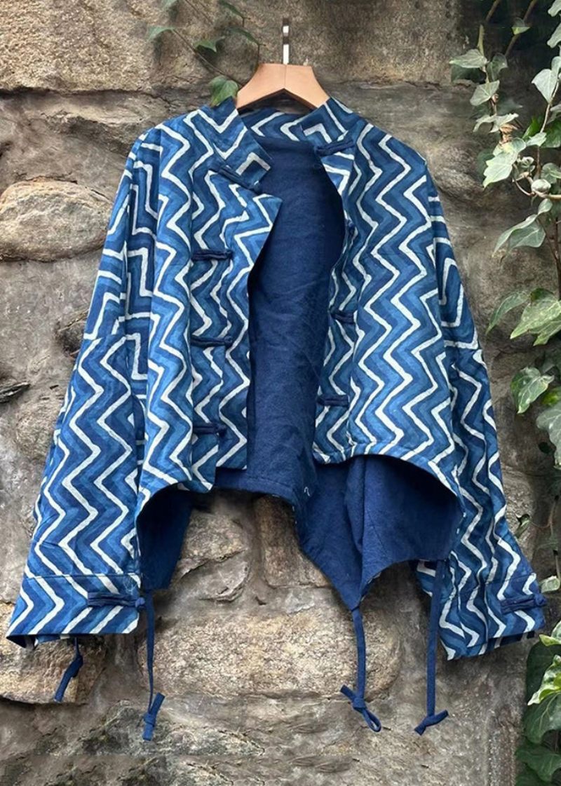 Chic Blå Knap Print Patchwork Bomuld Frakke Efterår