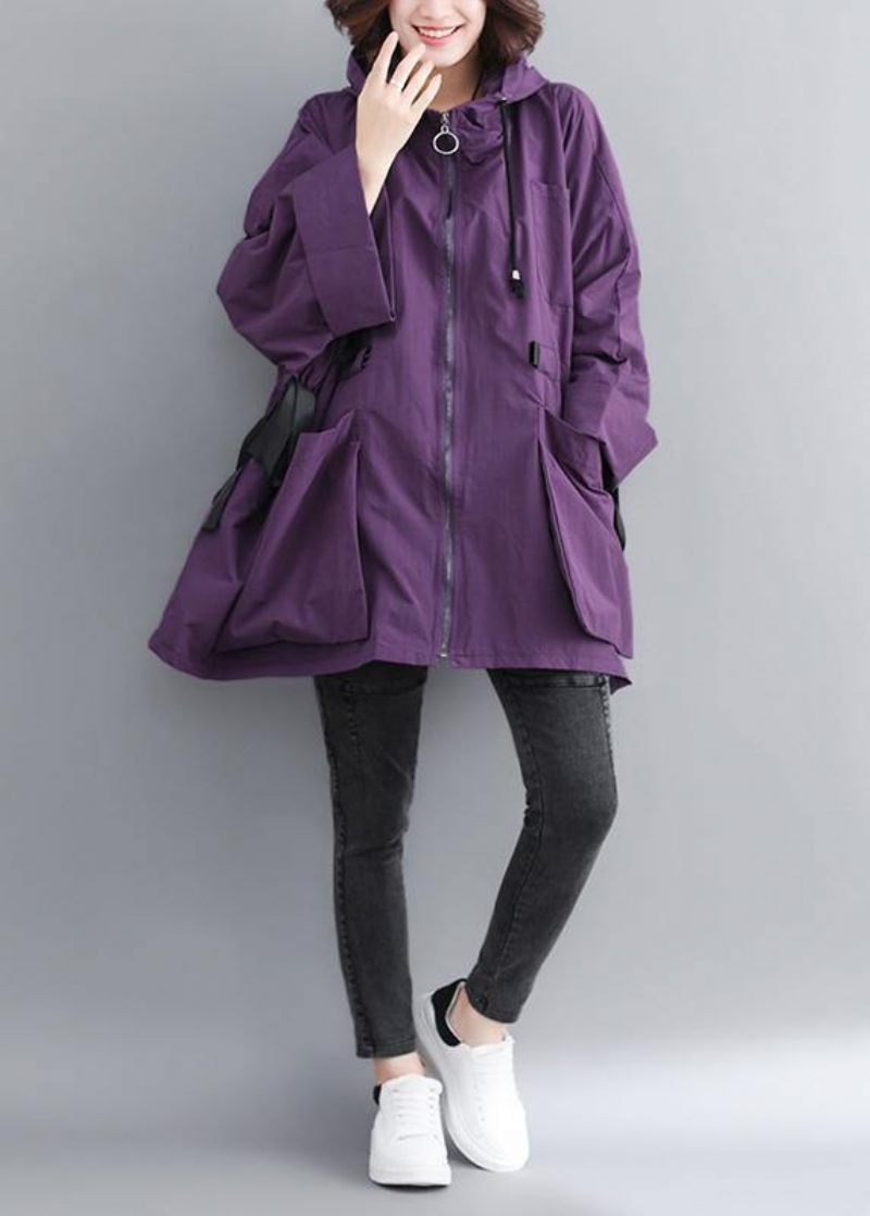 Chic Hooded Tie Talje Plus Size Forårsfrakker Kvinder Lilla Kjoler Jakker - Lilla
