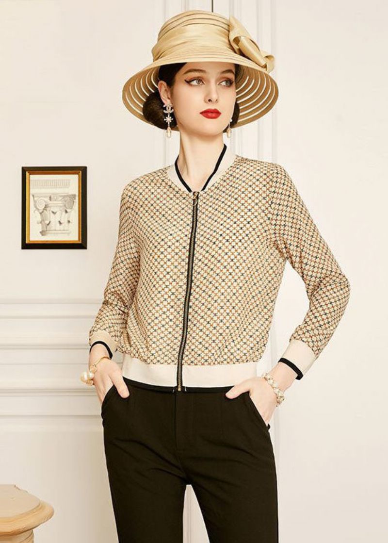 Classy Abrikos V-hals Lynlås Plaid Print Silke Coats Spring - Dame vinterfrakker