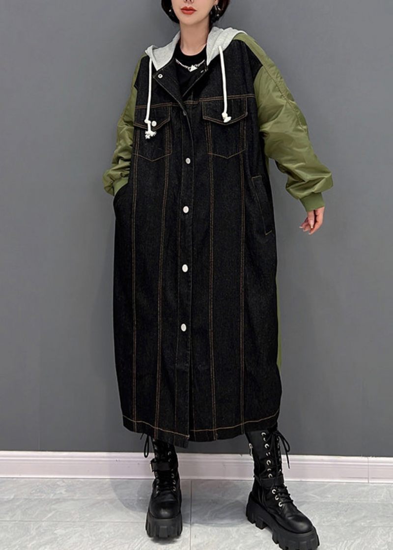 Denim Sort Patchwork Knap Hættefrakke Fall - Sort