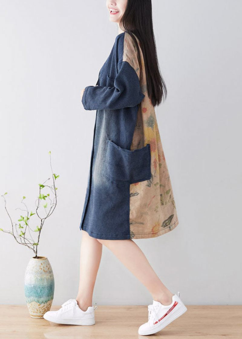 Diy Blue V-hals Patchwork Trenchcoats Forår - Blå