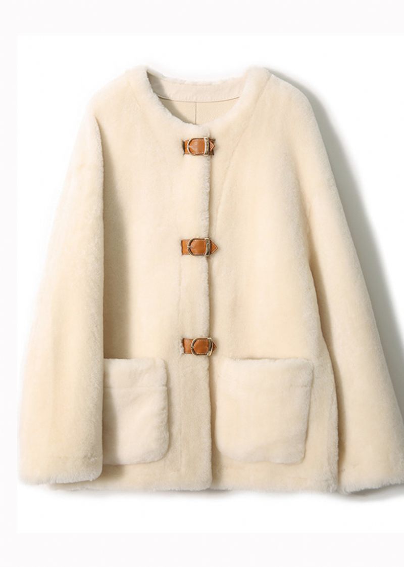 Elegant Beige O-hals Lommer Knap Patchwork Uld Frakker Vinter - Dame vinterfrakker