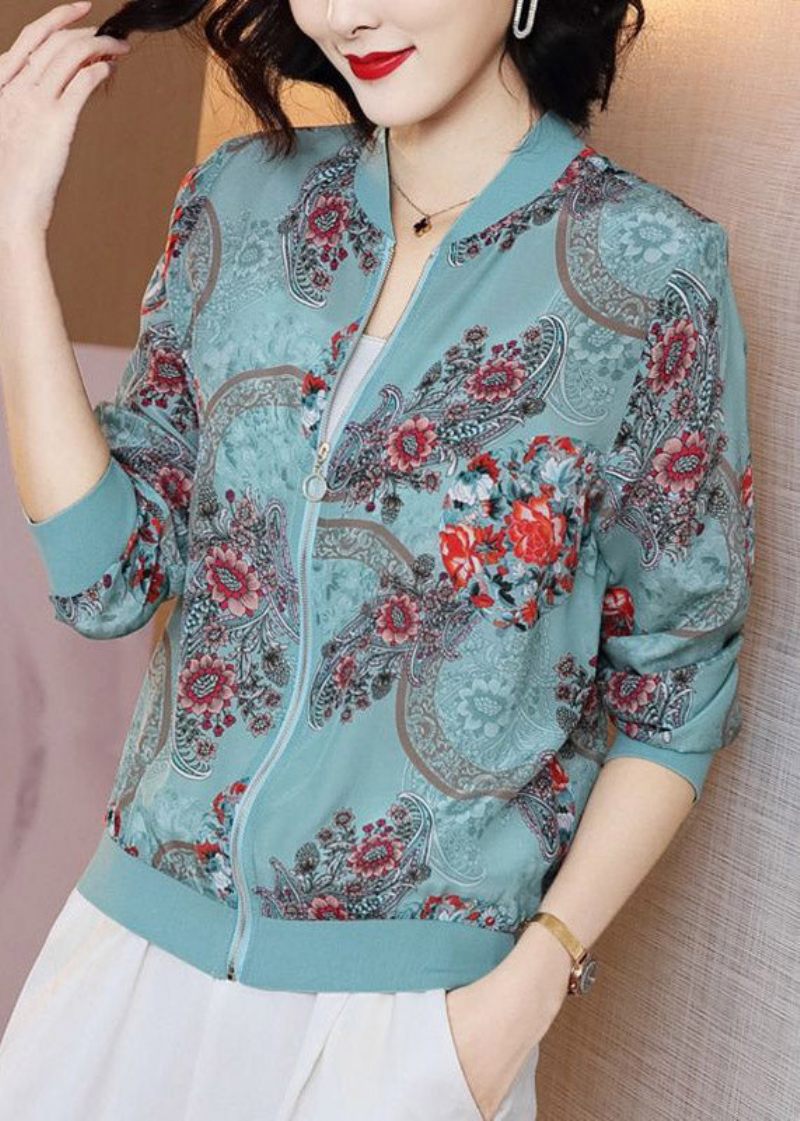 Elegant Blå Print Lynlås Chiffon Solcreme Frakke Langærmet