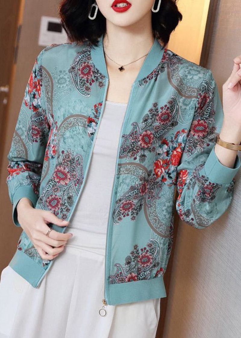 Elegant Blå Print Lynlås Chiffon Solcreme Frakke Langærmet - Dame vinterfrakker