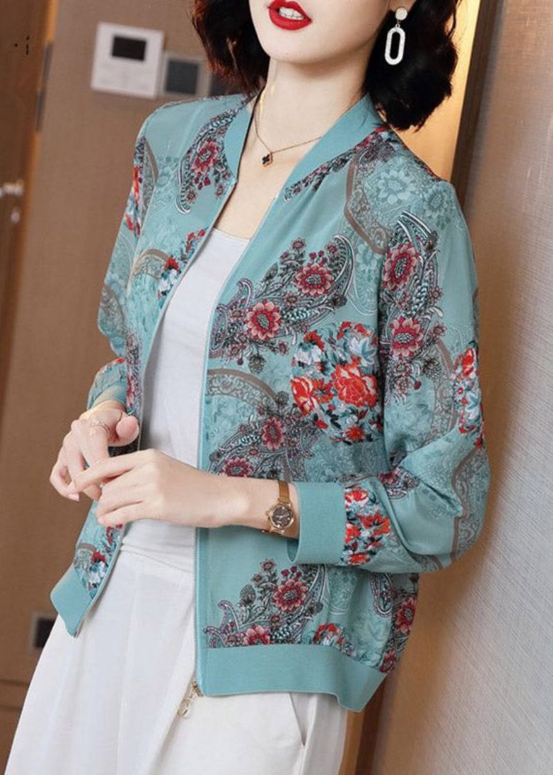 Elegant Blå Print Lynlås Chiffon Solcreme Frakke Langærmet - Dame vinterfrakker