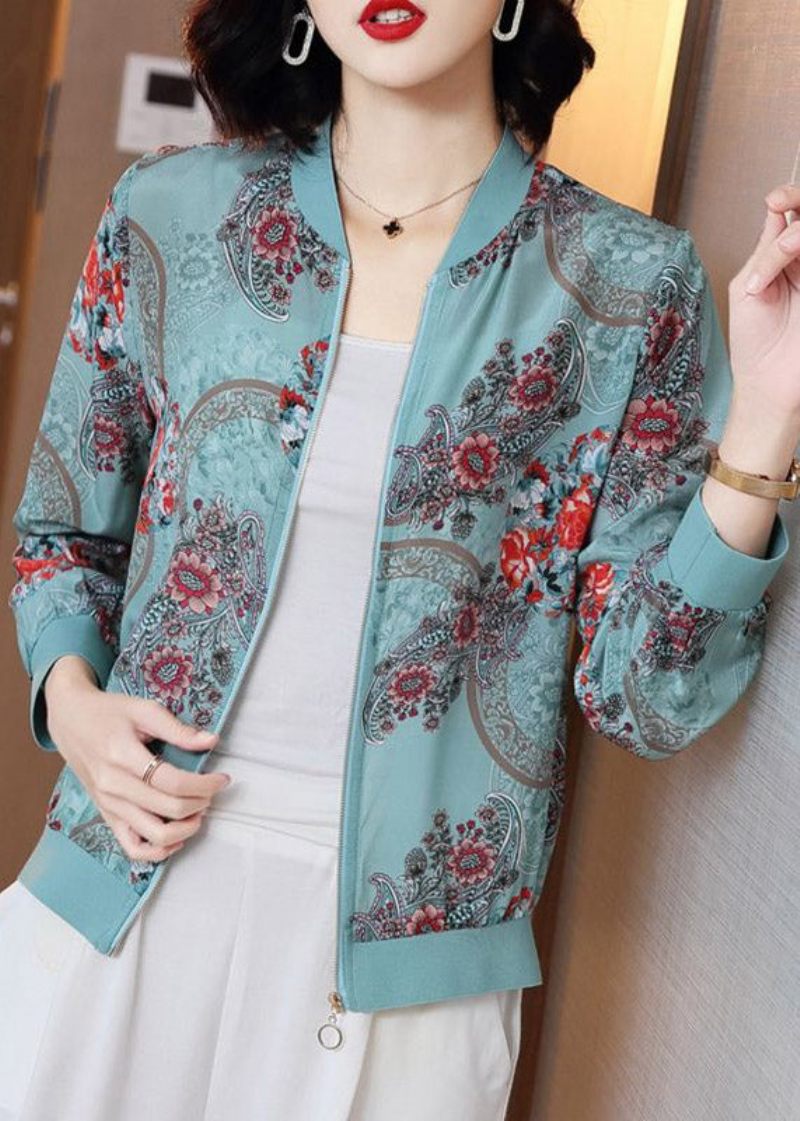 Elegant Blå Print Lynlås Chiffon Solcreme Frakke Langærmet - Dame vinterfrakker