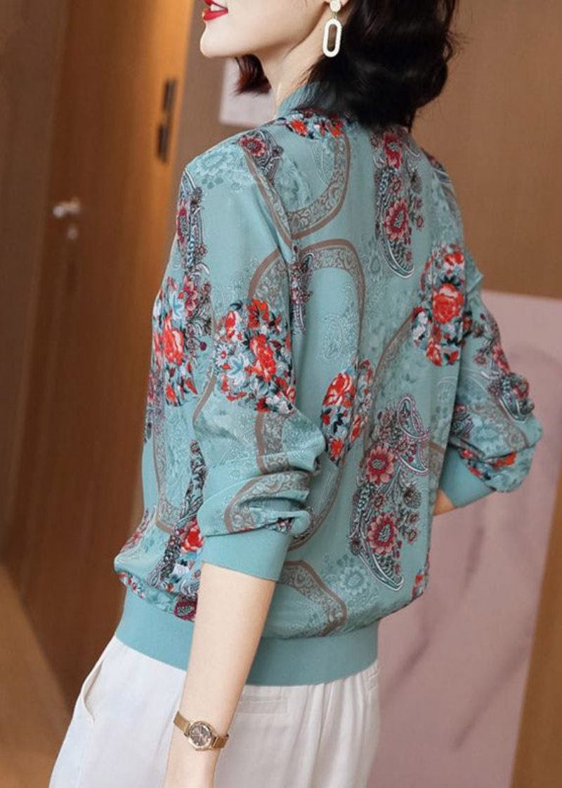 Elegant Blå Print Lynlås Chiffon Solcreme Frakke Langærmet - Dame vinterfrakker