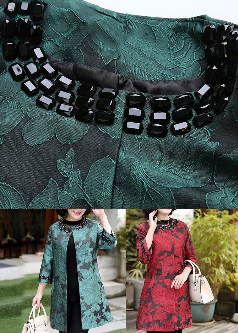 Elegant Grøn O-hals Jacquard Spandex Lange Frakker Armbånd Ærme - Grøn