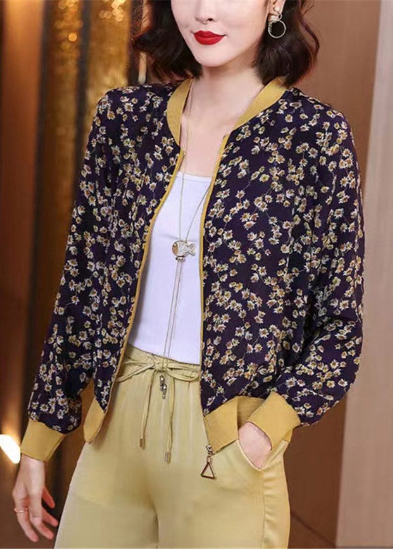 Elegant Marineblå Print Lynlås Chiffon Solcreme Frakke Langærmet