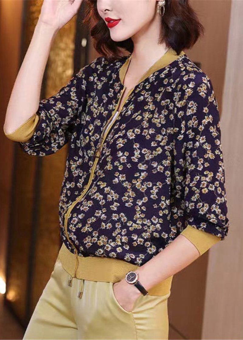 Elegant Marineblå Print Lynlås Chiffon Solcreme Frakke Langærmet - Dame vinterfrakker