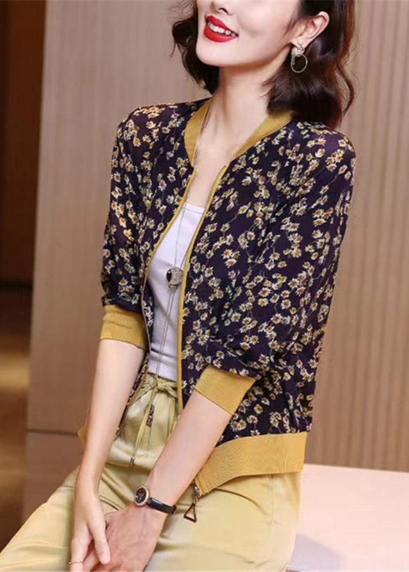 Elegant Marineblå Print Lynlås Chiffon Solcreme Frakke Langærmet - Dame vinterfrakker