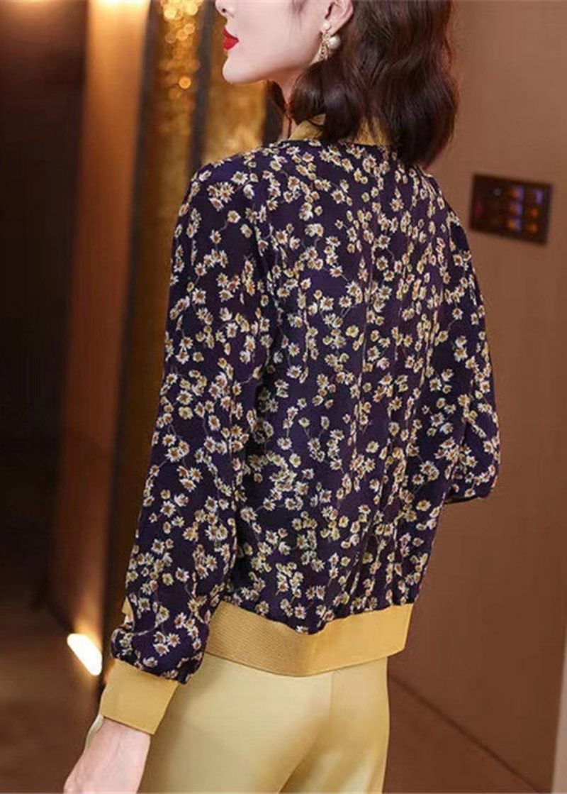 Elegant Marineblå Print Lynlås Chiffon Solcreme Frakke Langærmet - Dame vinterfrakker