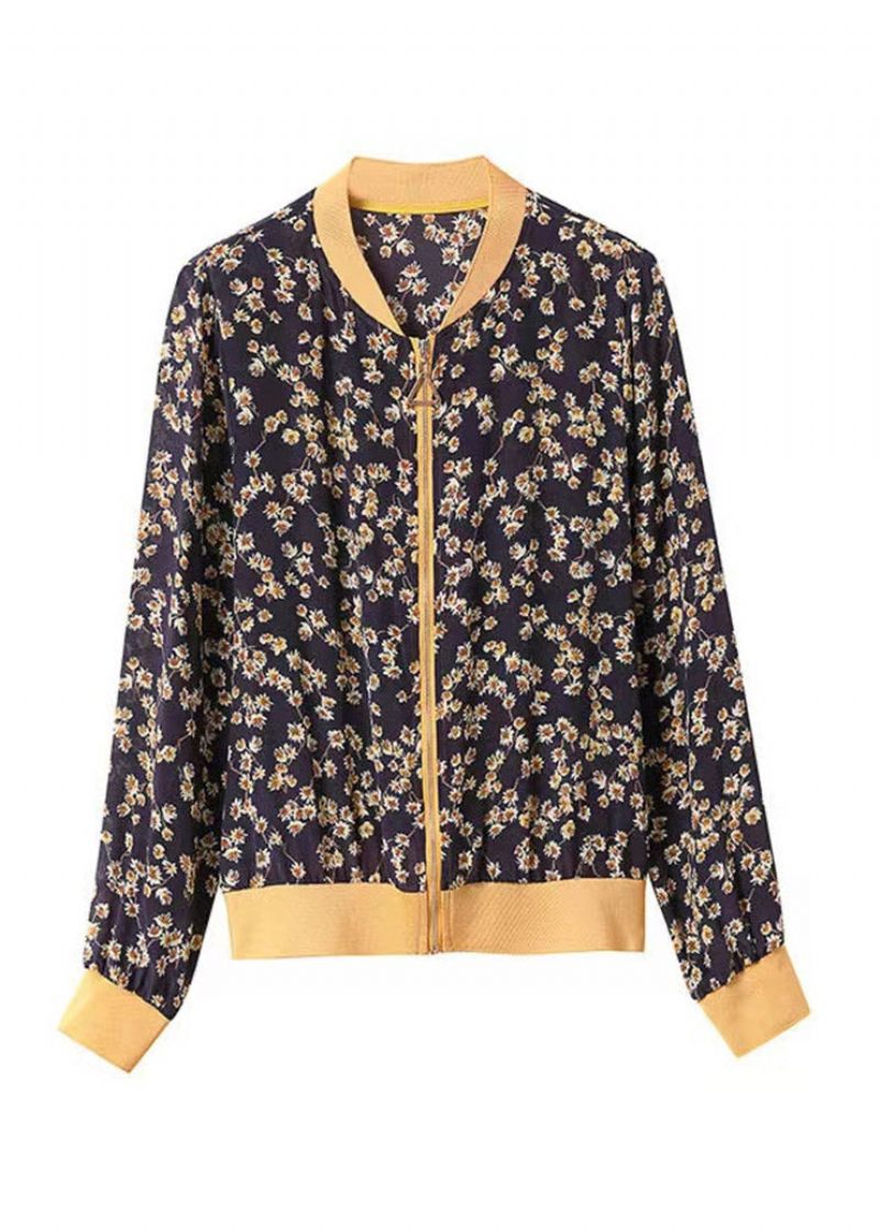 Elegant Marineblå Print Lynlås Chiffon Solcreme Frakke Langærmet - Dame vinterfrakker