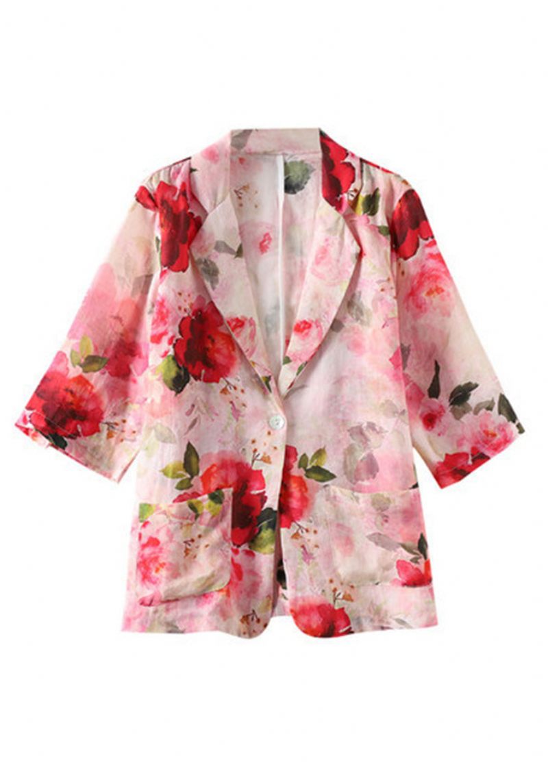 Elegant Rød Peter Pan Krave Print Knap Linned Frakker Sommer - Rød