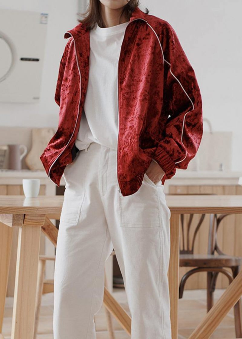 Elegant Rød Plus Size Tøj Outfits Lynlås Efterår Damefrakker - Dame vinterfrakker