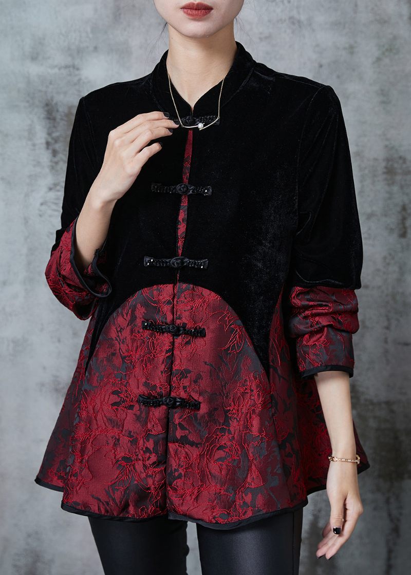 Elegant Sort Kinesisk Knap Patchwork Fløjl Orientalske Frakker Efterår - Dame vinterfrakker