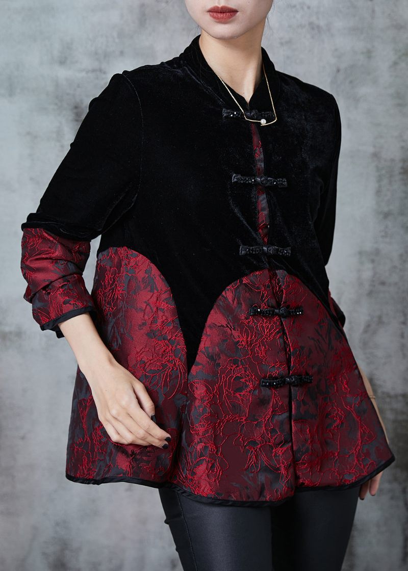 Elegant Sort Kinesisk Knap Patchwork Fløjl Orientalske Frakker Efterår - Dame vinterfrakker
