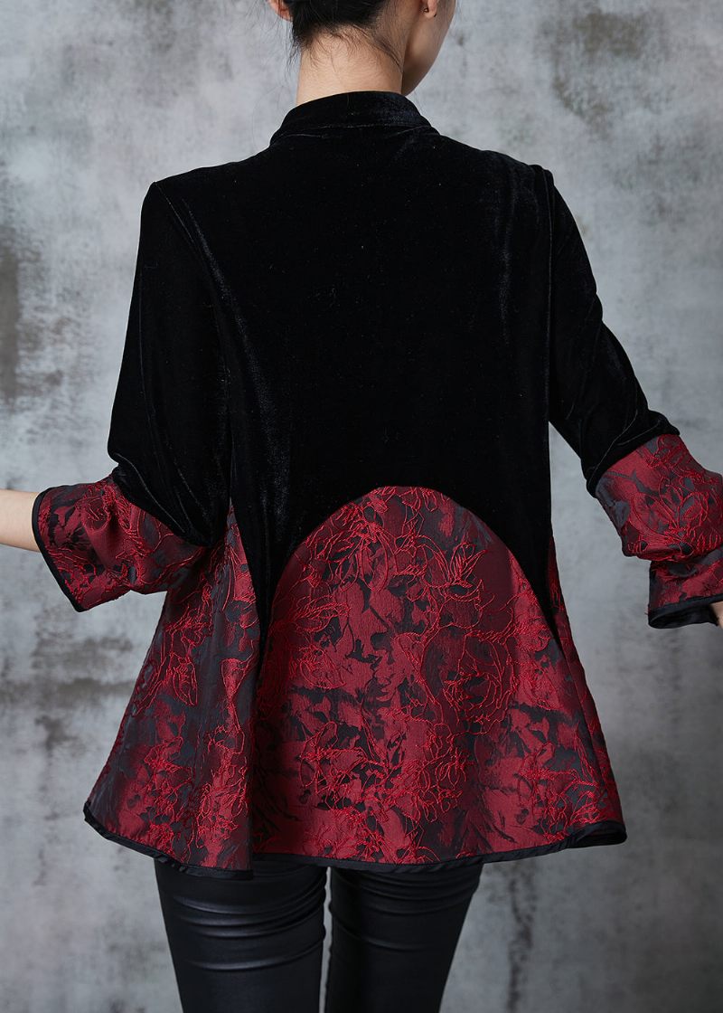 Elegant Sort Kinesisk Knap Patchwork Fløjl Orientalske Frakker Efterår - Dame vinterfrakker