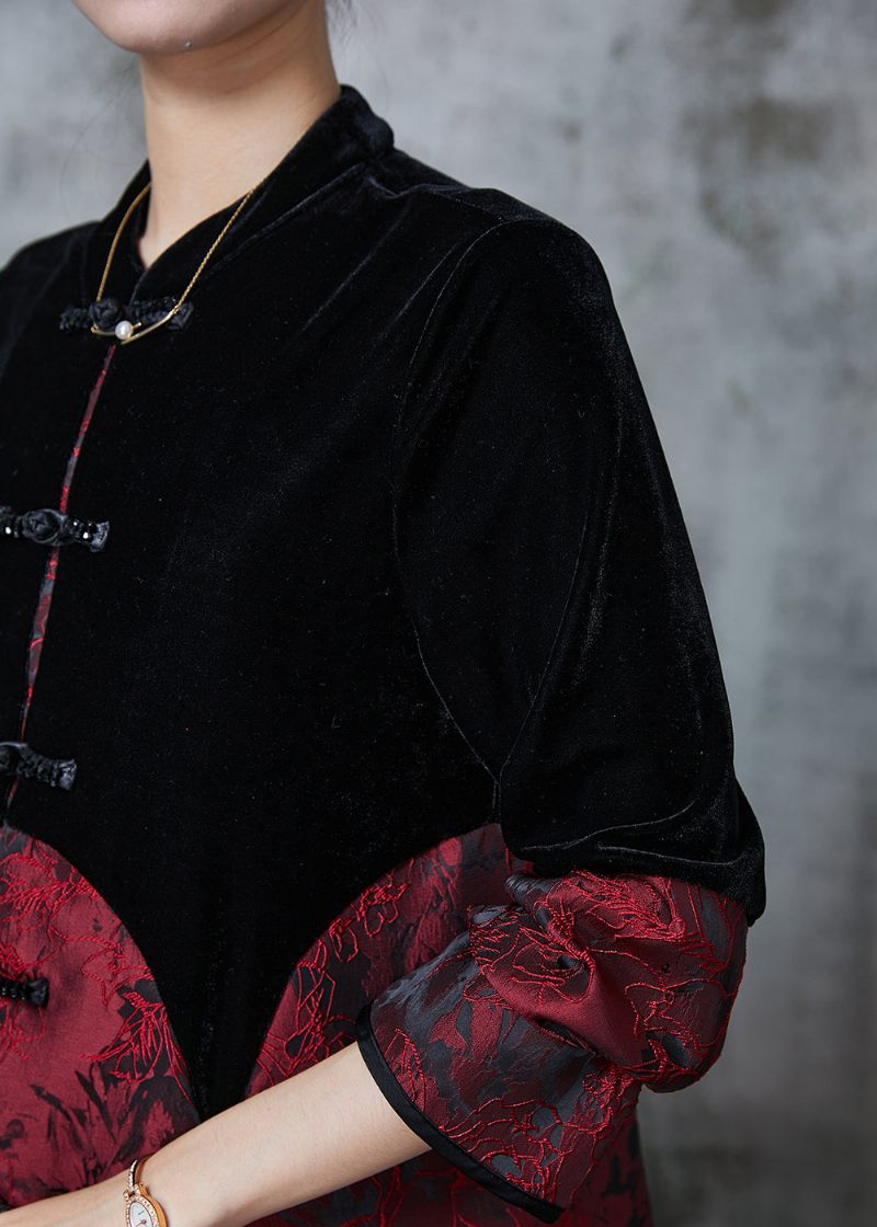 Elegant Sort Kinesisk Knap Patchwork Fløjl Orientalske Frakker Efterår - Dame vinterfrakker