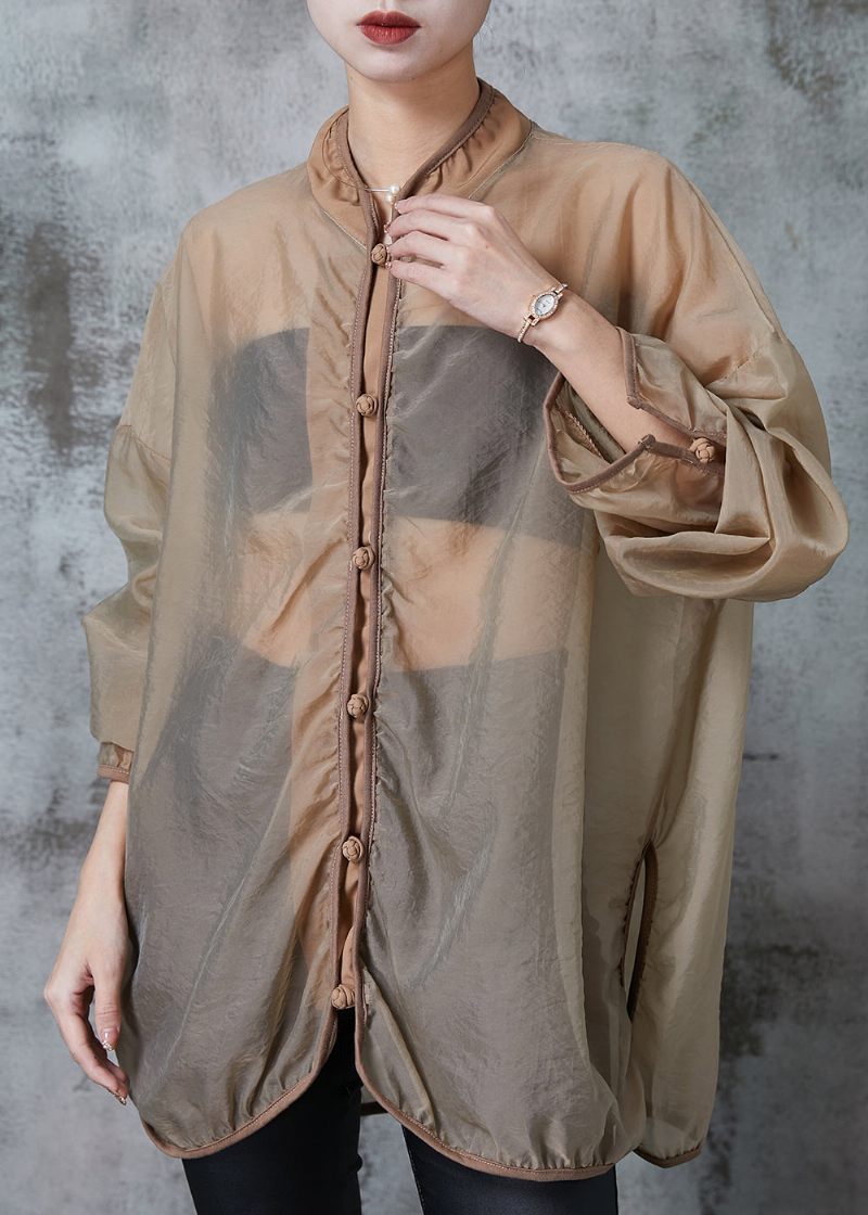 Fashion Brown Hollow Out Tulle Upf 50+ Frakkejakke Forår - Dame vinterfrakker