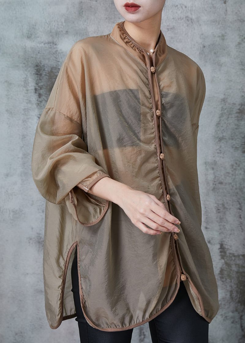 Fashion Brown Hollow Out Tulle Upf 50+ Frakkejakke Forår - Dame vinterfrakker