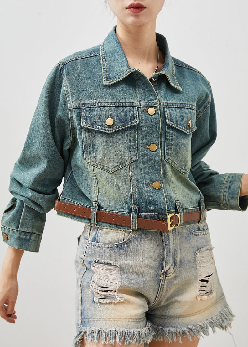 Fashion Denim Blå Med Bælte Korte Frakker Forår - Dame vinterfrakker