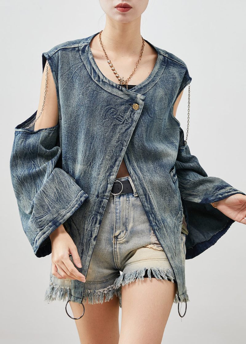 Fashion Navy Asymmetrisk Kold Skulder Denim Jakke Forår