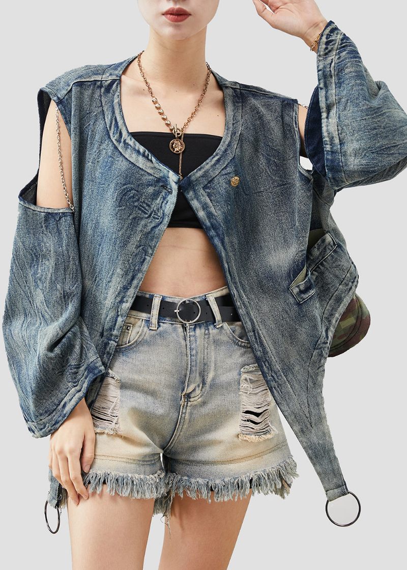 Fashion Navy Asymmetrisk Kold Skulder Denim Jakke Forår - Dame vinterfrakker