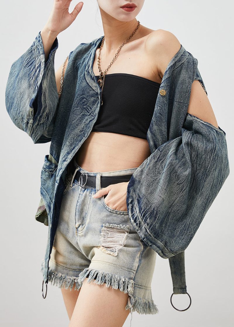 Fashion Navy Asymmetrisk Kold Skulder Denim Jakke Forår - Dame vinterfrakker