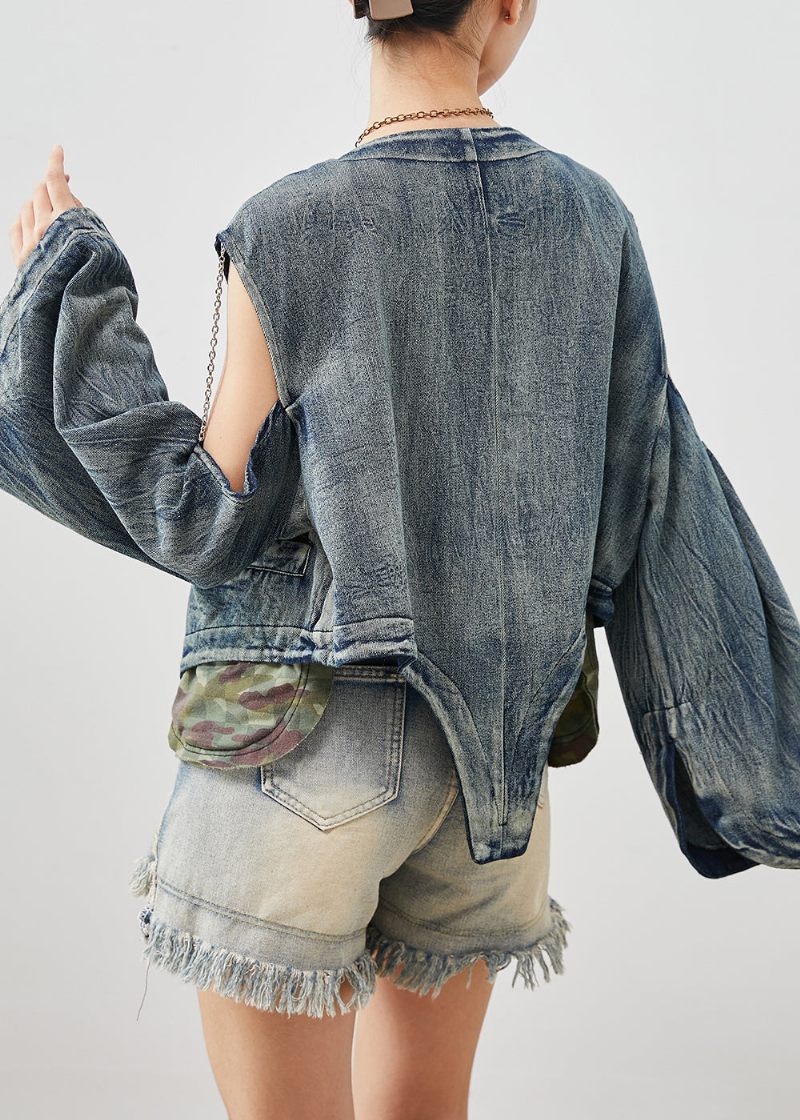 Fashion Navy Asymmetrisk Kold Skulder Denim Jakke Forår - Dame vinterfrakker