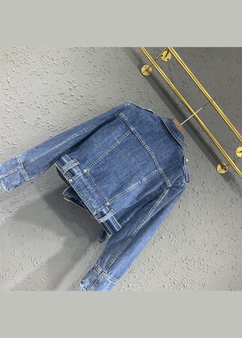 Fin Blå Peter Pan Krave Lynlås Patchwork Denim Jakker Efterår - Dame vinterfrakker