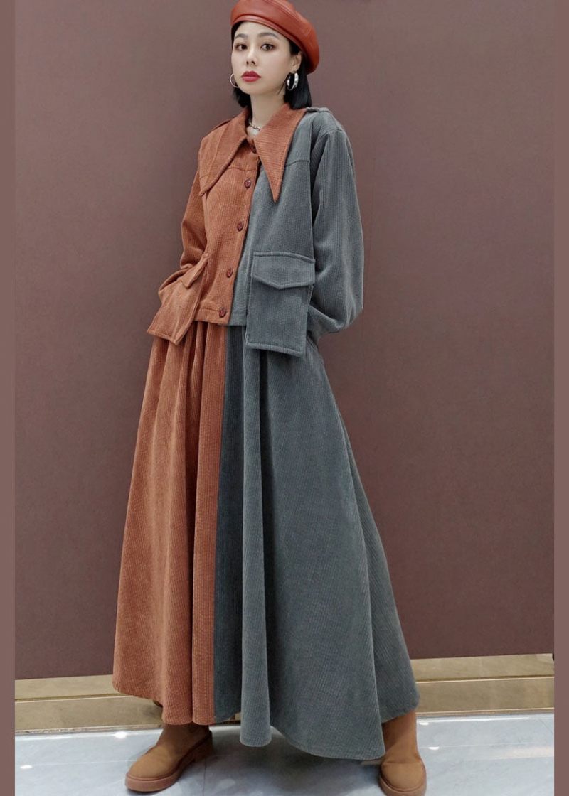 Fin V-hals Patchwork Fløjlsbukser Lange Ærmer Toppe Cirkel Nederdele To Stykke Sæt Sæt Outfits - Dame vinterfrakker