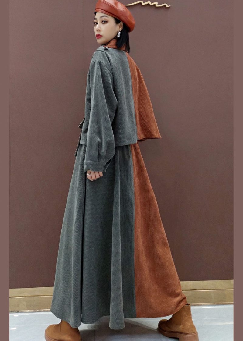 Fin V-hals Patchwork Fløjlsbukser Lange Ærmer Toppe Cirkel Nederdele To Stykke Sæt Sæt Outfits - Dame vinterfrakker