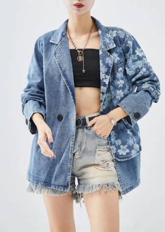 Fine Denim Blå Asymmetrisk Print Bomuld Frakker Efterår