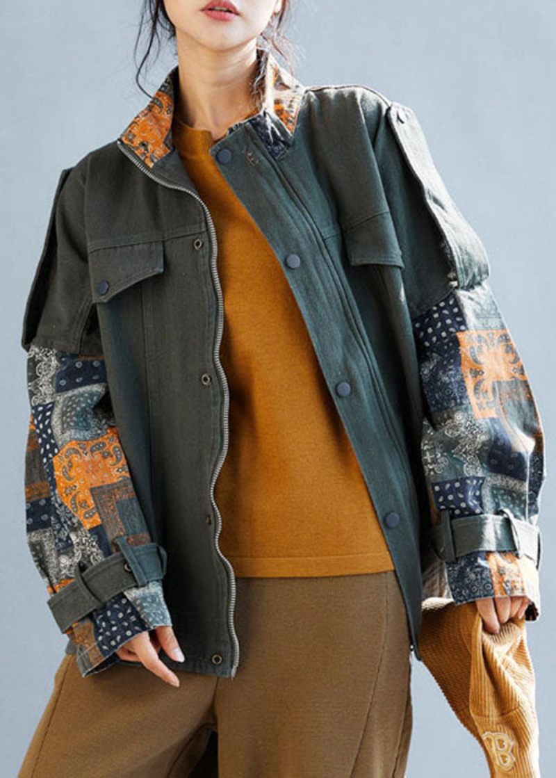 Fransk Army Grøn Lynlås Oversized Patchwork Bomuld Frakker Fall - Dame vinterfrakker