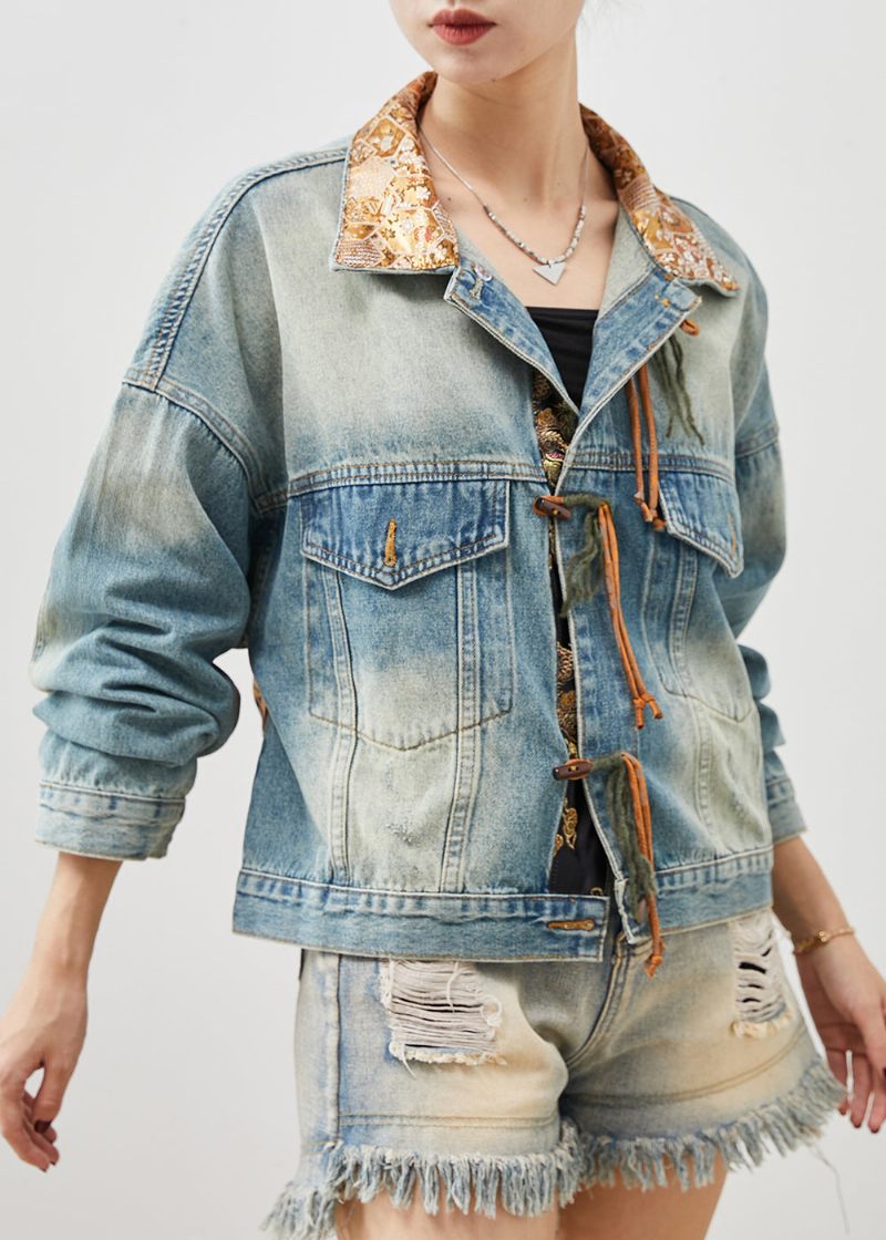 Fransk Blå Kvast Patchwork Denimjakke Forår - Dame vinterfrakker