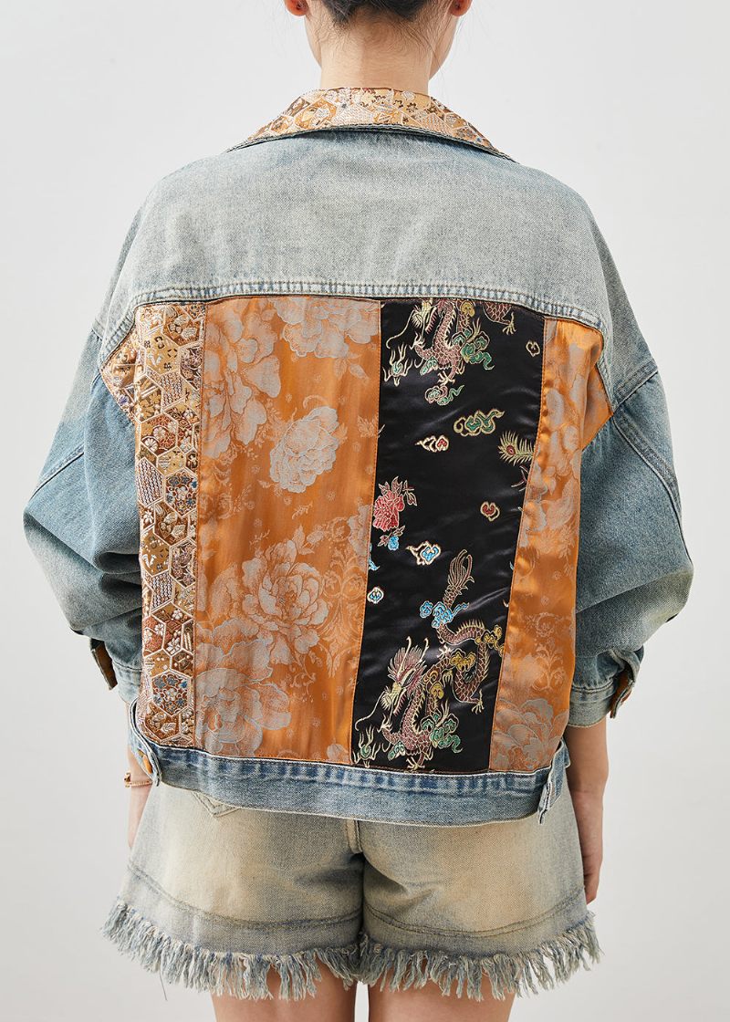 Fransk Blå Kvast Patchwork Denimjakke Forår - Dame vinterfrakker