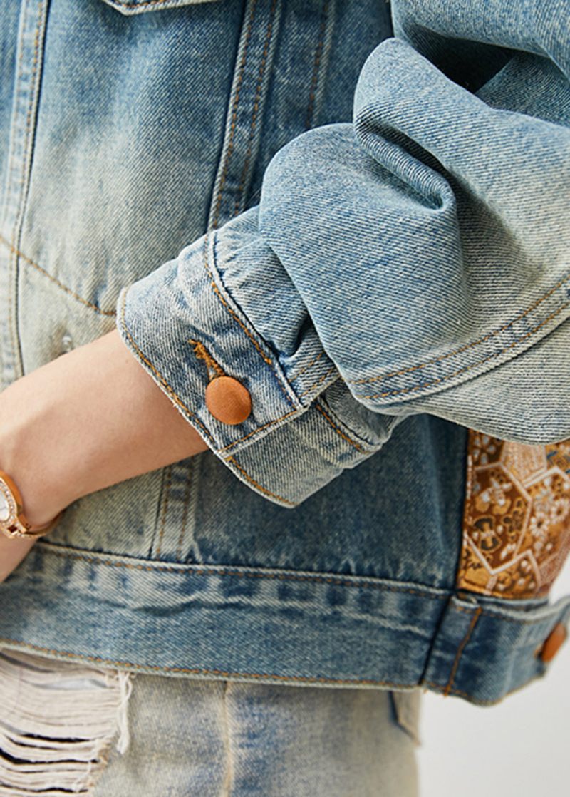 Fransk Blå Kvast Patchwork Denimjakke Forår - Dame vinterfrakker