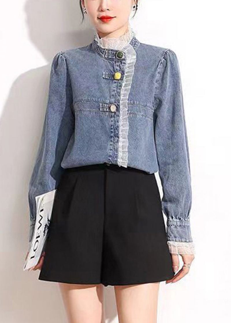 Fransk Blå Standkrave Asymmetrisk Patchwork Blonder Bomuld Denim Frakker Lange Ærmer - Dame vinterfrakker