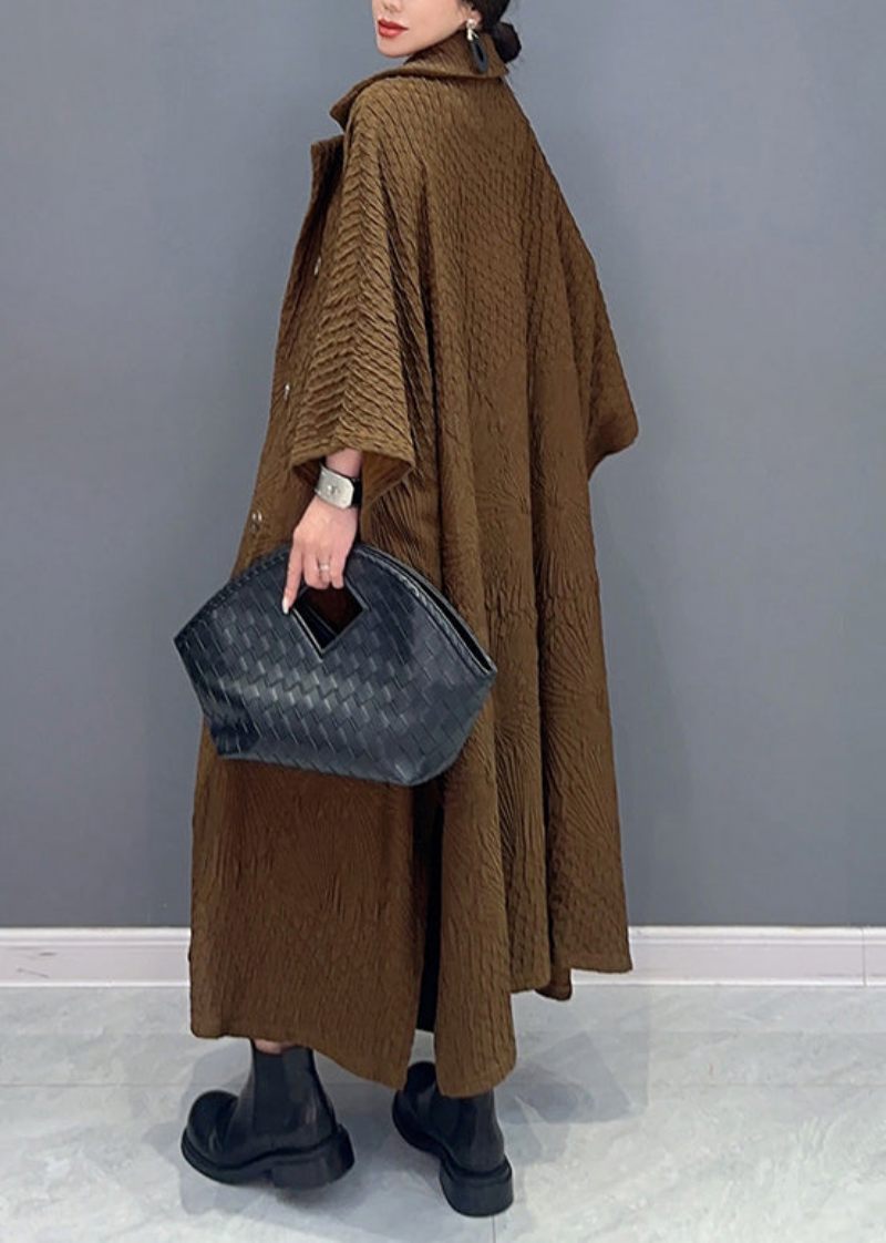 Fransk Brun Dobbelt Brystlommer Bomuld Lang Trenchcoat Batwing Ærme - Dame vinterfrakker